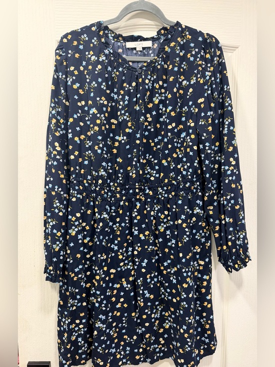LOFT Dresses & Skirts - Navy Floral Long Sleeve Tie-Neck Dress